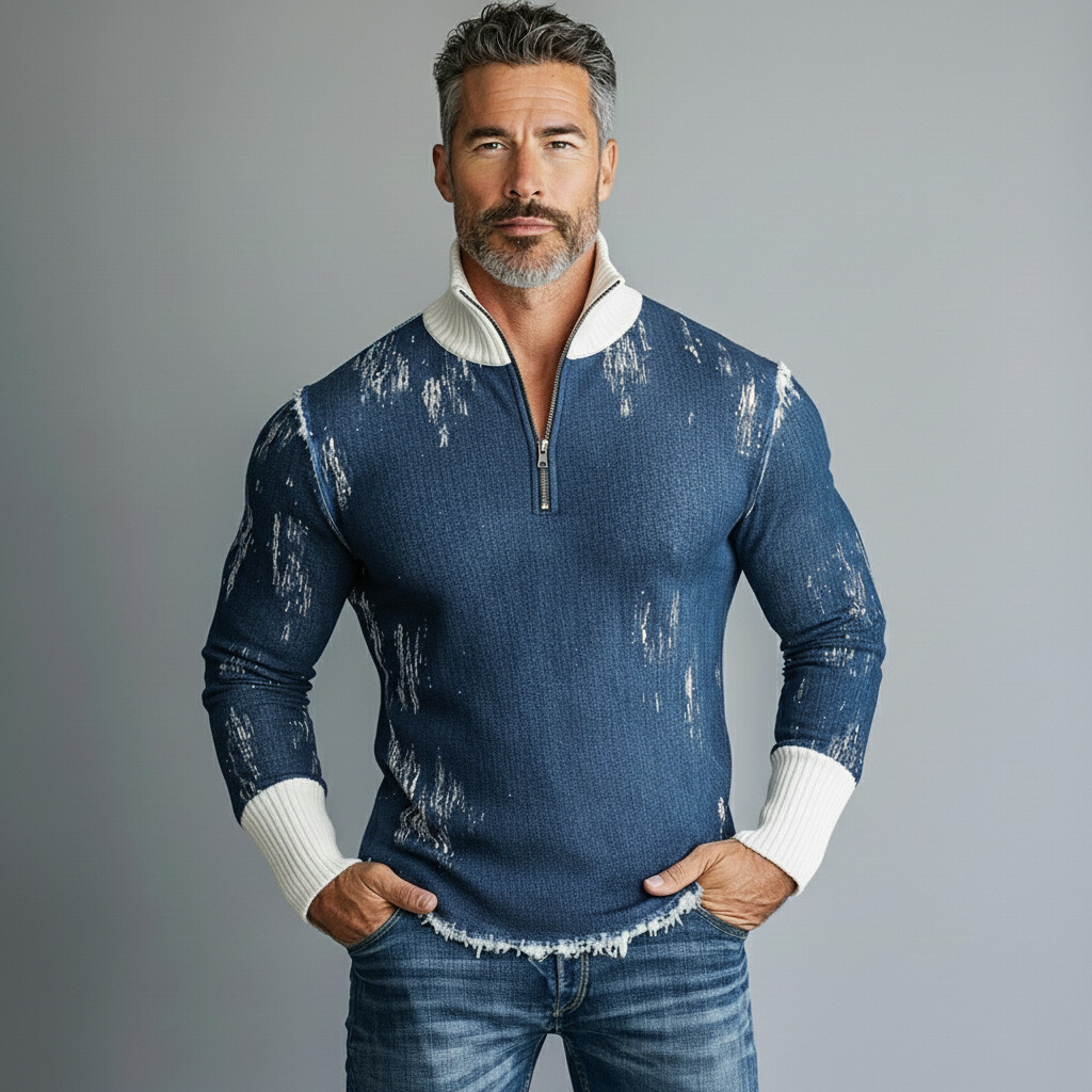 Men'S Blue Knitted And White Ribbed Half-Zip Long-Sleeved Sweater