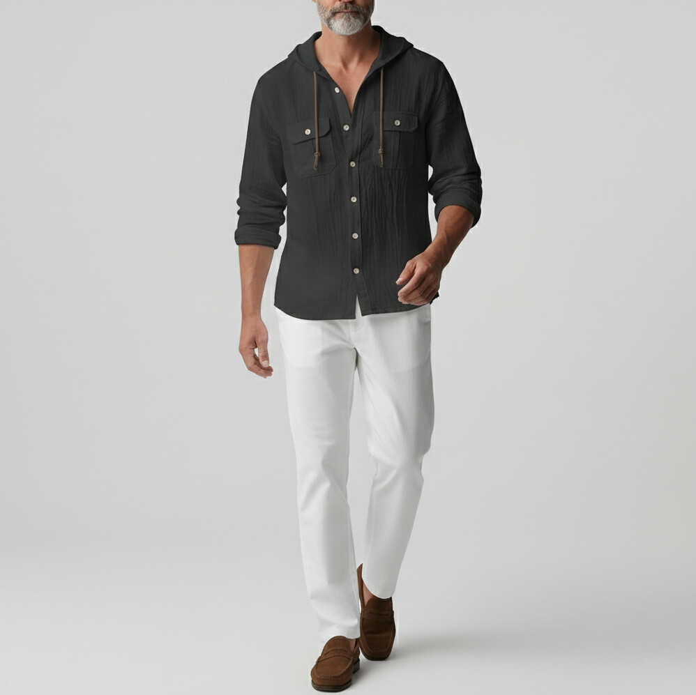 Men's Casual Drawstring Hooded Chest Pocket Single Breasted Long Sleeve Shirts