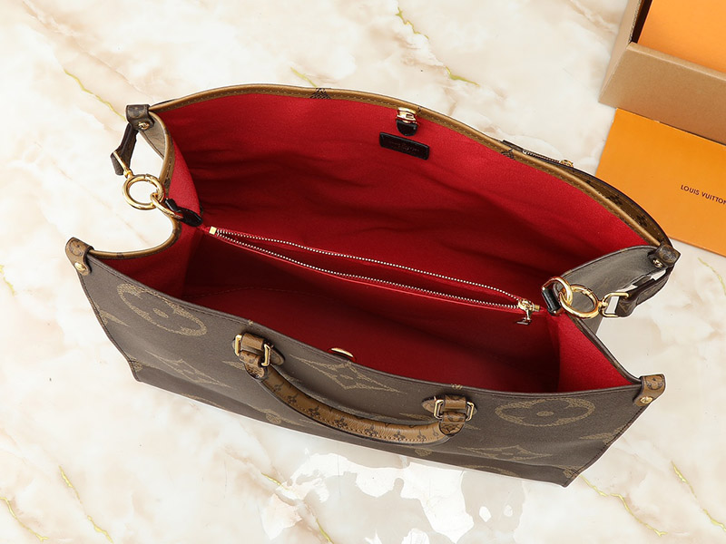 16.9″x13.0″x7.3″ Brown&Yellow Leather Red linning Handbag With outside pocket BB-921450