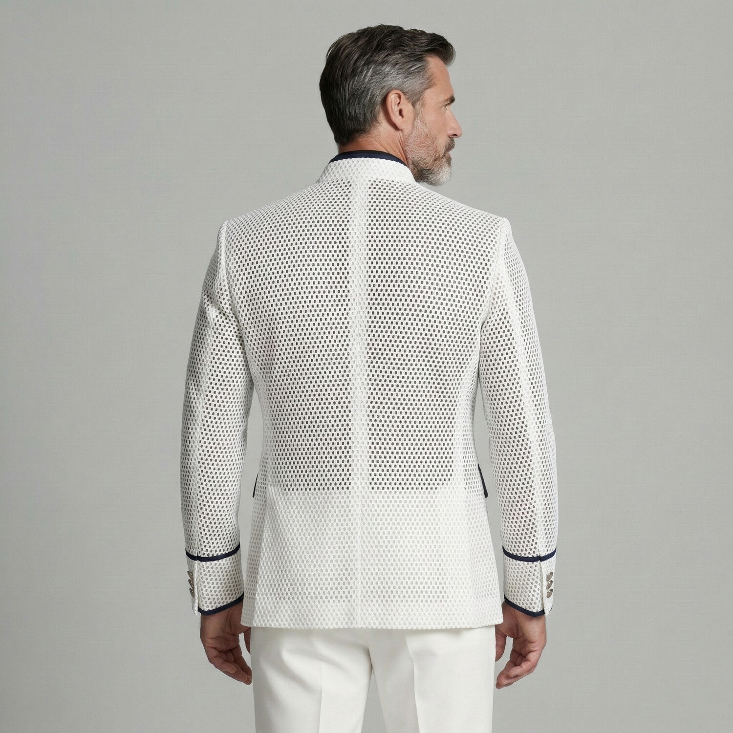 Men's Contrast Trim Mesh Cutout Stand Collar Single Breasted Long Sleeve Blazer