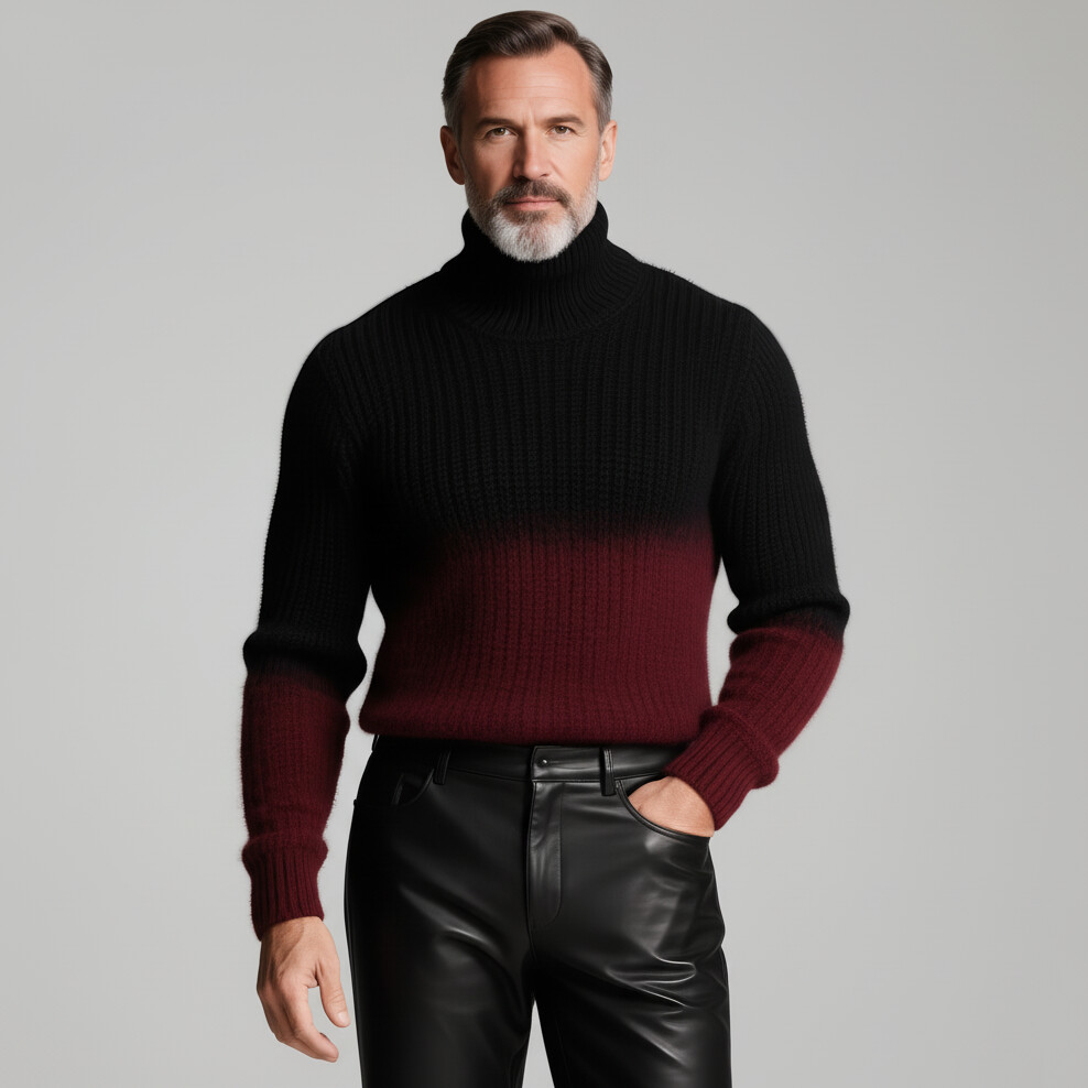 Men's Black Ombre Pattern Long Sleeve Ribbed Knit Turtleneck Sweater