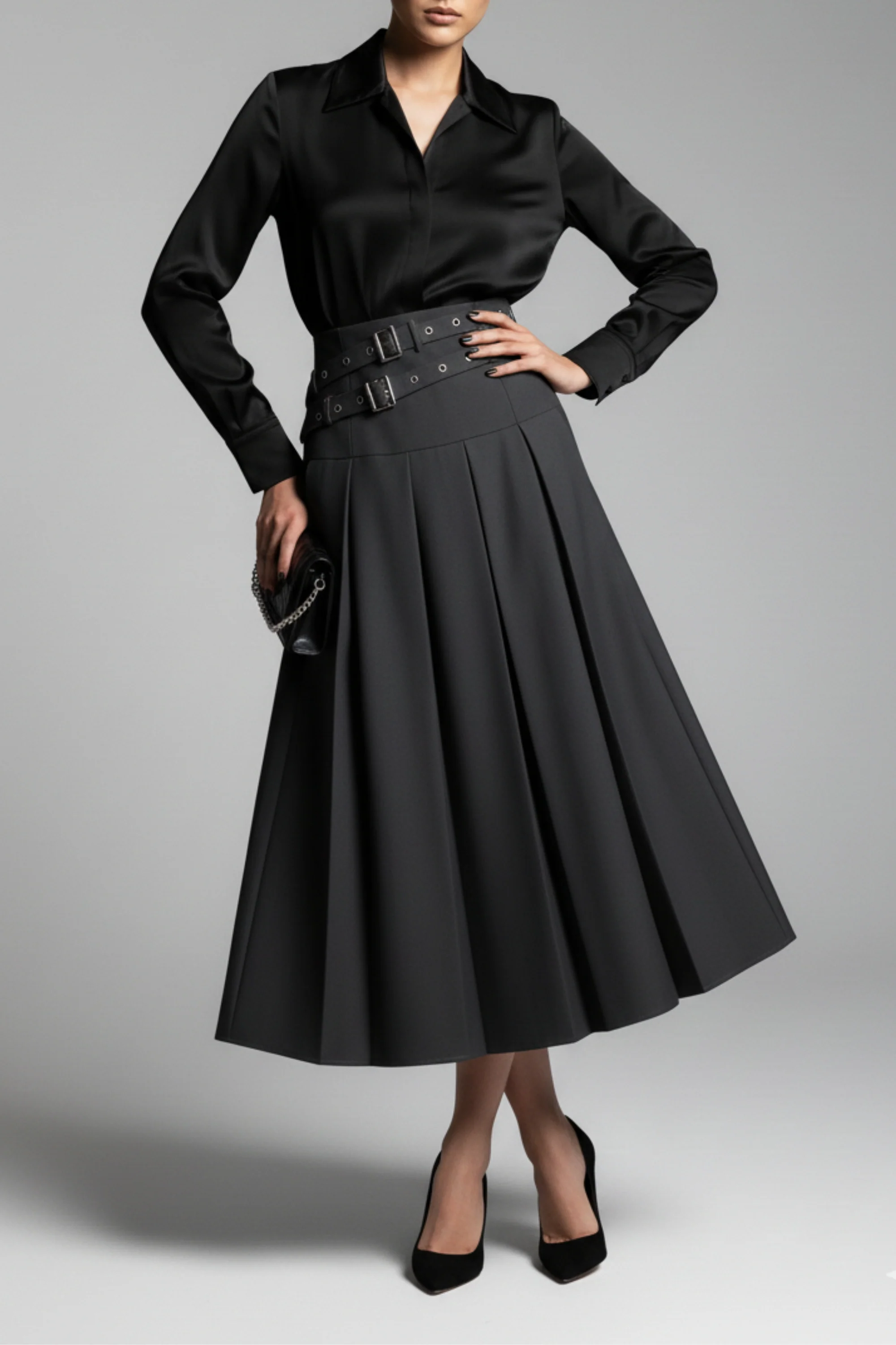 Gray Dual Belt Pleat Skirt