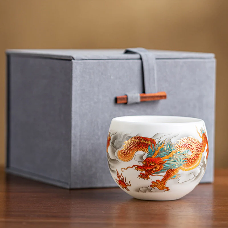 Dragon Phoenix Auspicious Clouds Ceramic Teacup Kung Fu Tea Cup With Gift Box