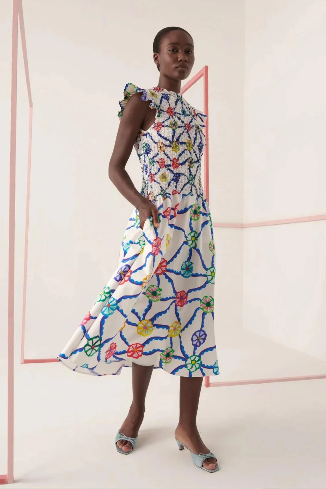 Printed Ruffle Trim Midi Dress
