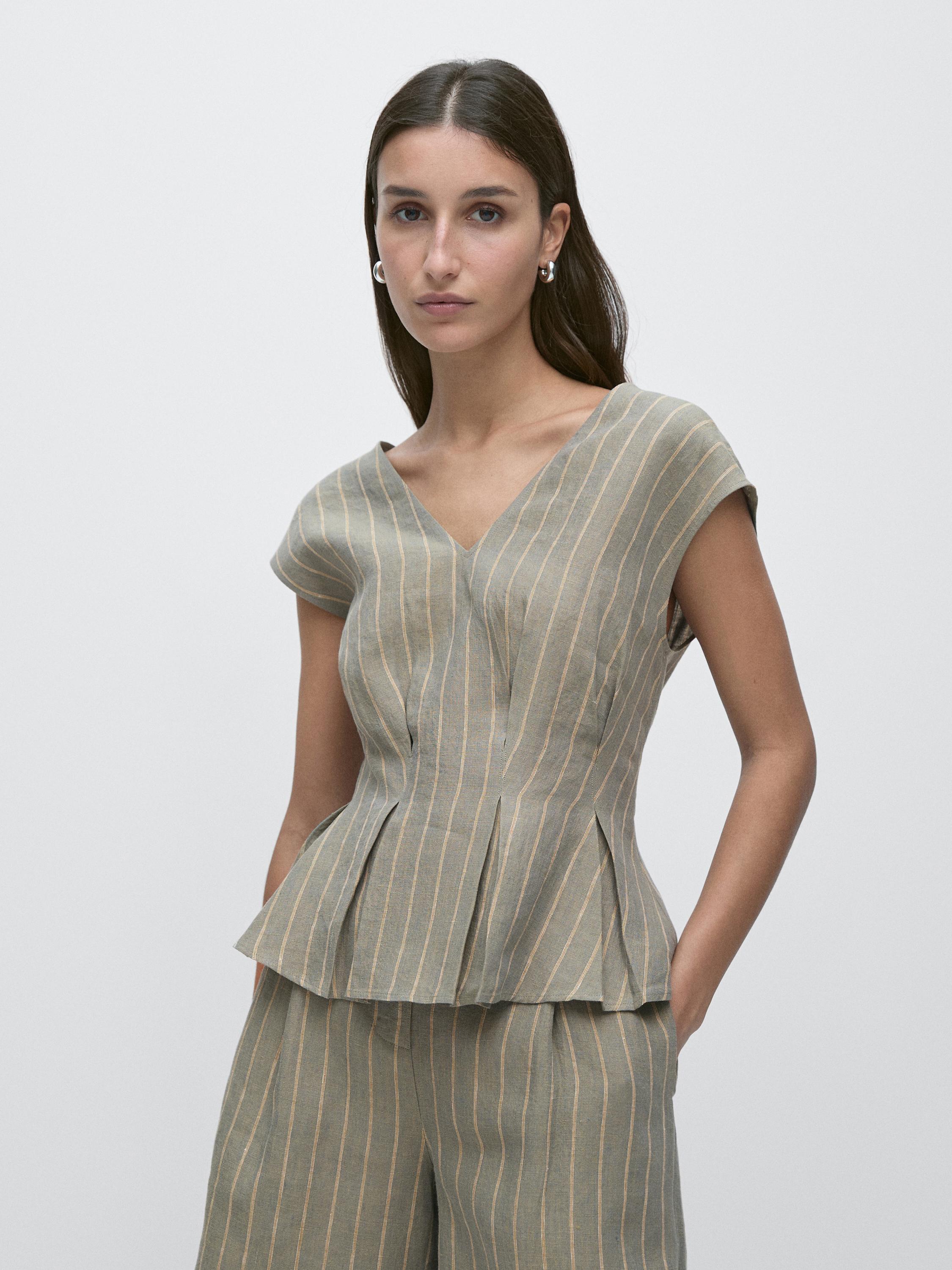 Top rayas detalle pliegues 100% lino