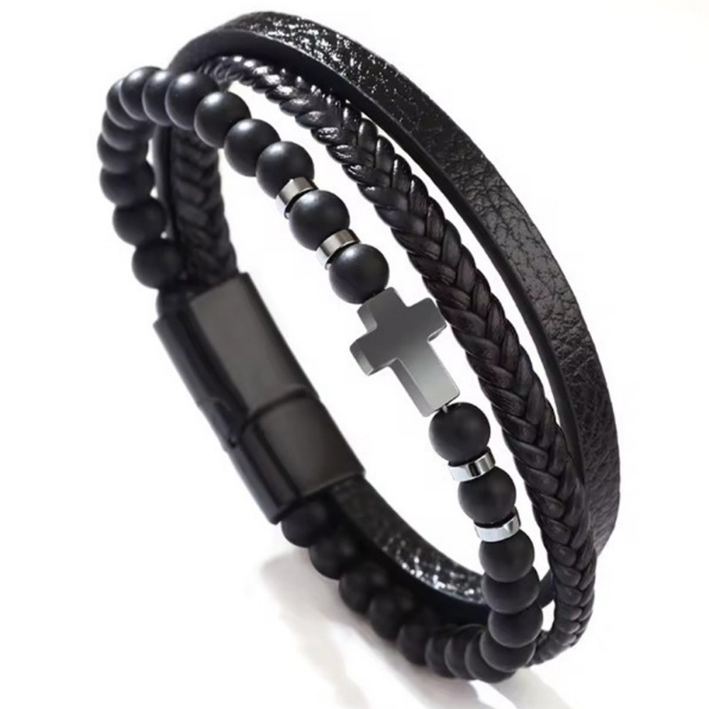 Men's Multi Layer Braided Cross PU Leather Bead Bracelet