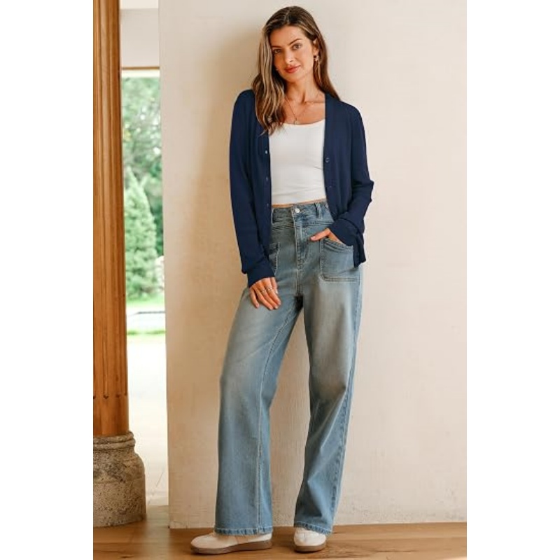 Women Wool‑Blend Button‑Down Knit Cardigan V‑Neck Long Sleeve Cropped Business Casual Fall Knit Outer Top