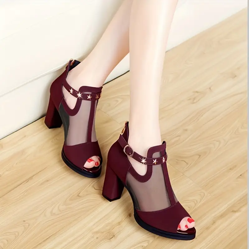 Mesh Peep-Toe Chunky Heel Sandals with Golden Star Accents