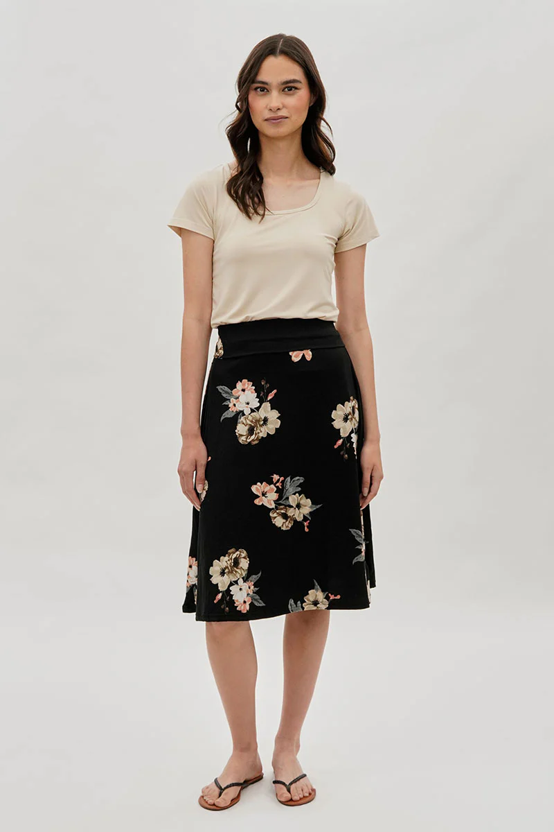 Floral Fold Over Midi Skirt - Black