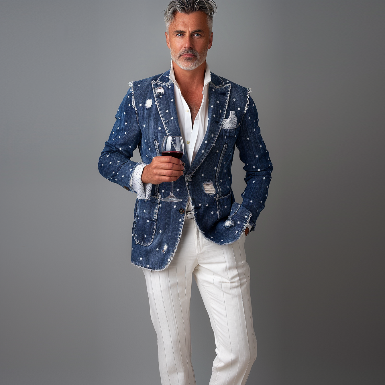 Men's Vintage Raw Edge Dots Denim Blazer