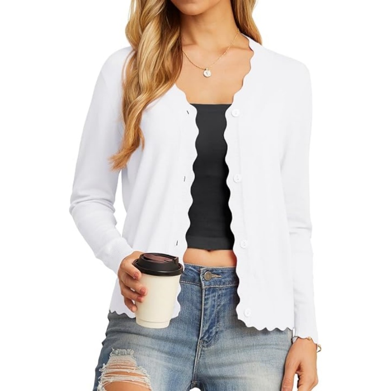 Women Lightweight Button‑Down Knit Cardigan Scalloped V‑Neck Long Sleeve Cropped Casual Knit Outerwear 2026 Fall Fashion