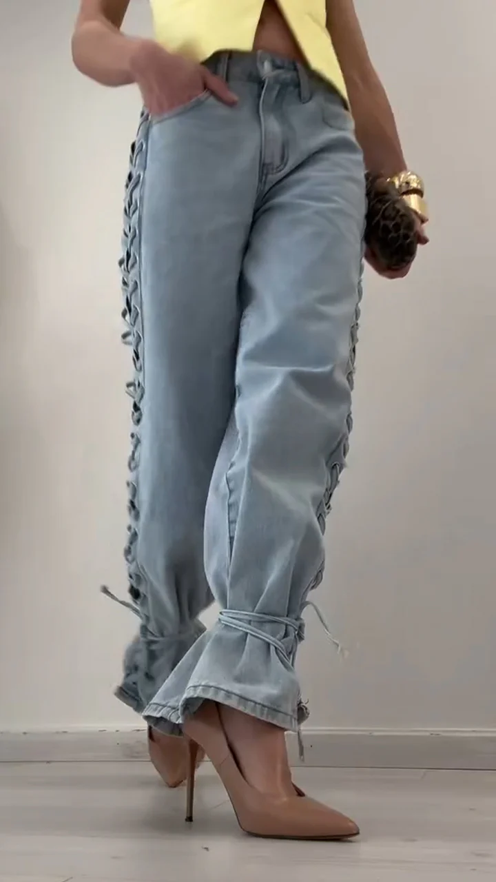 Ladies Side Cross Tie Casual Jeans