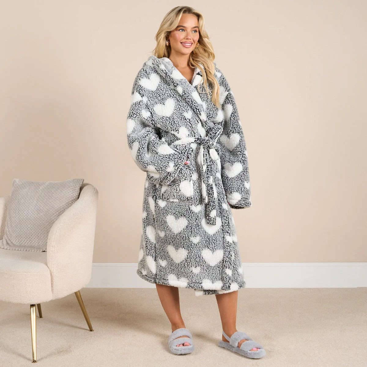 OHS Heart Print Teddy Marl Dressing Gown, Adults - Black