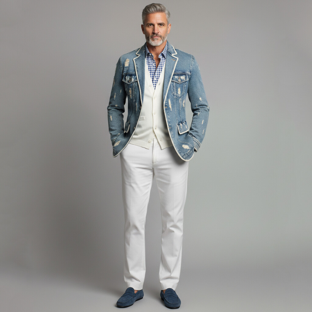 Men's Blue Notch Lapel Long Sleeve Two Button Ripped Denim Blazer