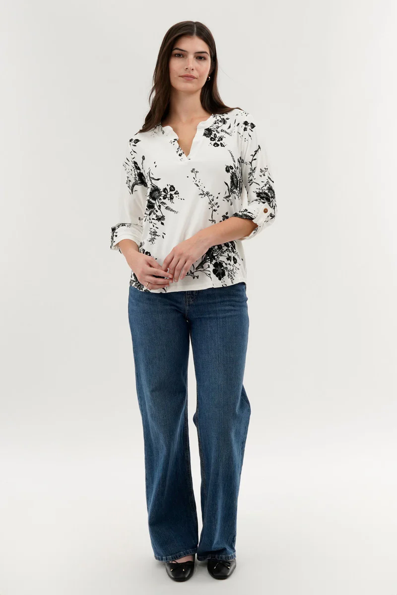 Floral Split Neck Blouse - White