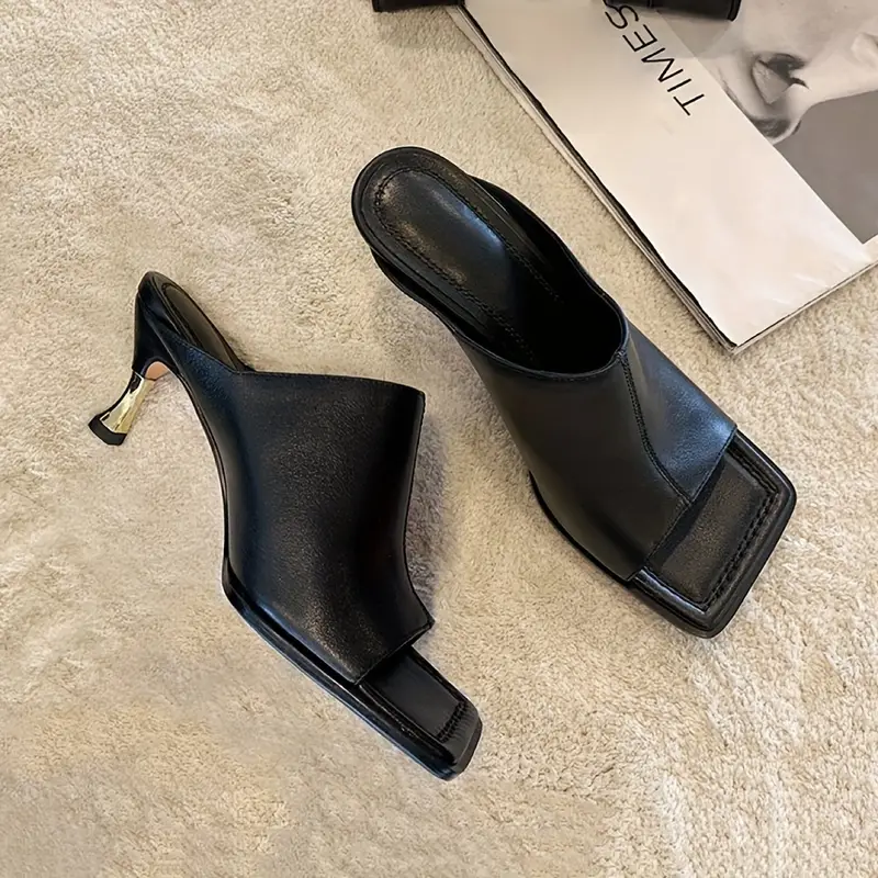 Square-Toe Stiletto Heel Sandals – Slip-On Mid Heel Synthetic Cover Black Dress Shoes for Summer Fashion