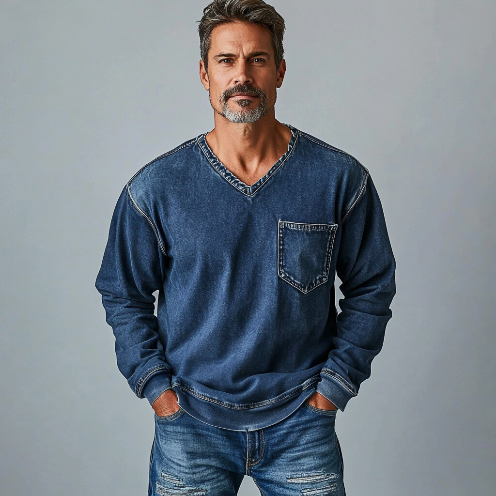 Men's Denim V Neck Chest Pocket Long Sleeve Sweatshirt