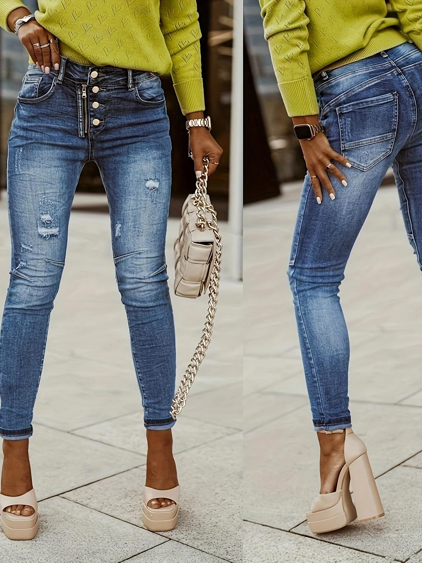 Women's Washed Denim Trousers with Button and Zipper Cut