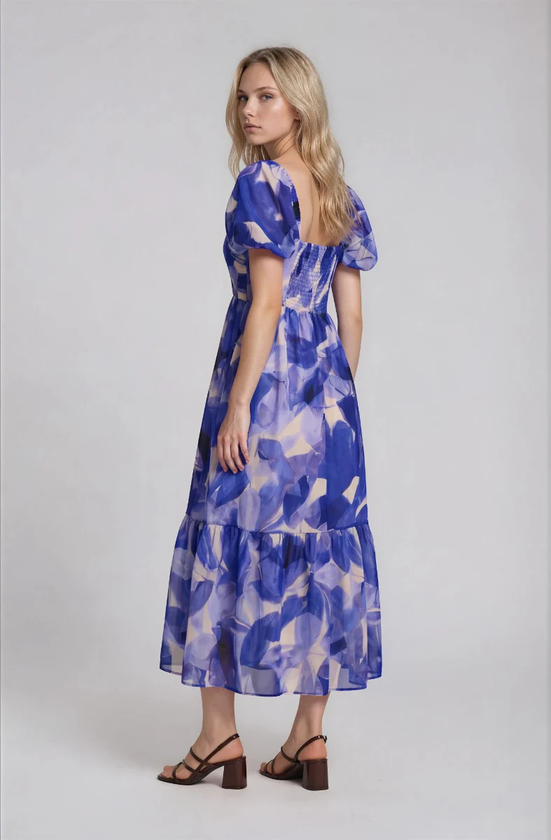 Printed Puff Sleeve Dress - Blue