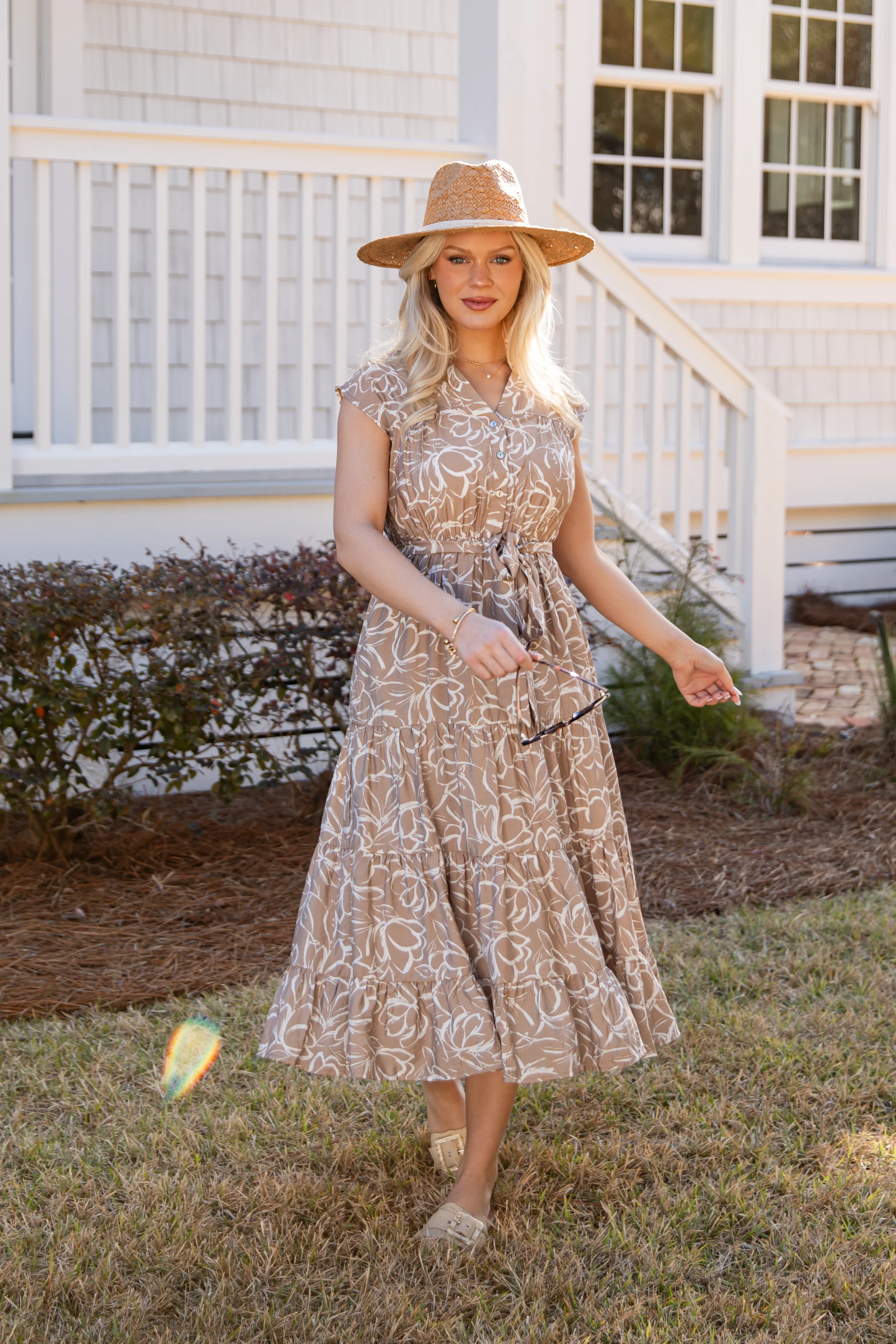 Living Easy Floral Taupe Midi Dress