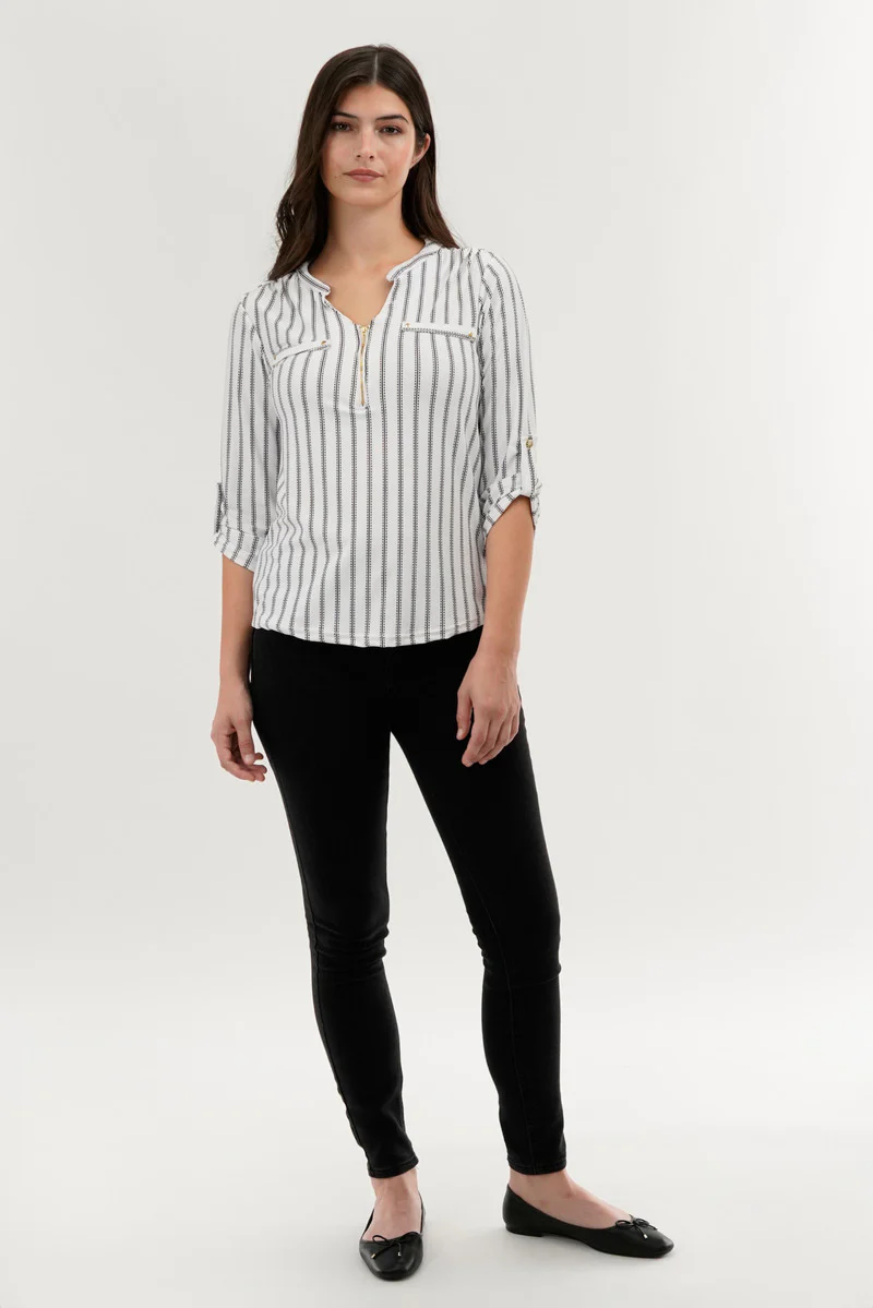 Patterned 1/4 Zip Blouse - White