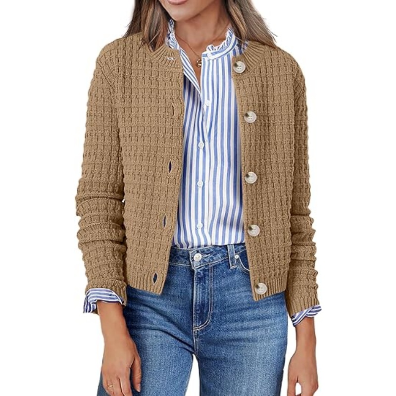 Women 2026 Fall Cropped Knit Cardigan Jacket Crew Neck Textured Waffle Knit Long Sleeve Button‑Front Casual Knit Outerwear