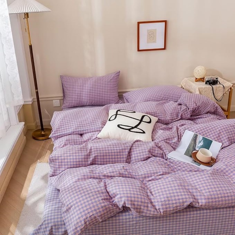 Purple Gingham Grid Duvet Cover Queen