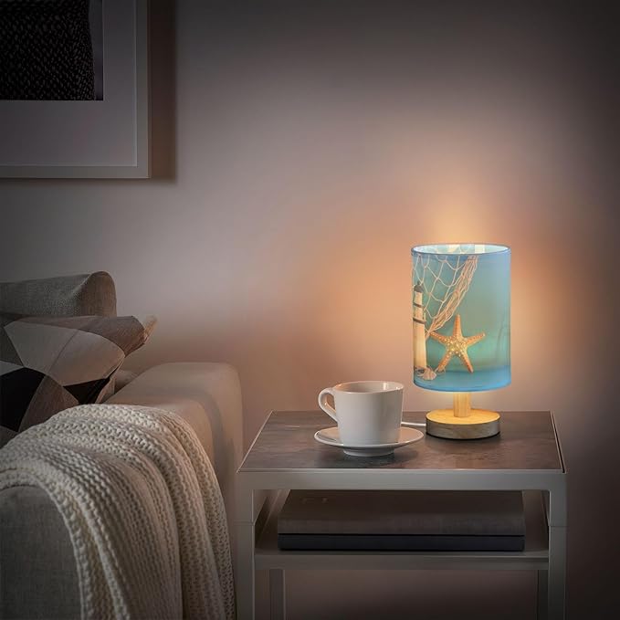 Table Lamp Nautical Sailboat Lighthouse Starfish Seashell Fishnet Blue Wood Nightstand Lamp