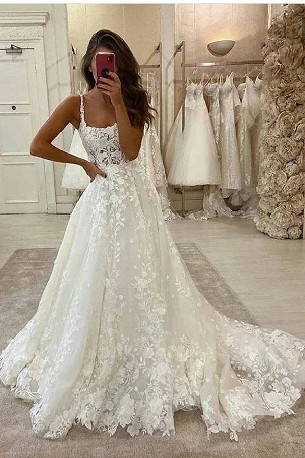 Ball Gown Scoop Neck Open Back Lace Wedding Dress