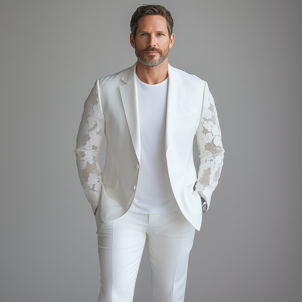 Men's See-Through Lace Long Sleeve Notch Lapel Two Button Blazer