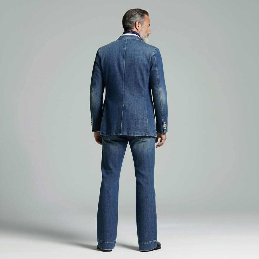 Men's Retro Blue Denim Notched Lapel Two Button Blazer & Flare Jeans 2Pcs Set