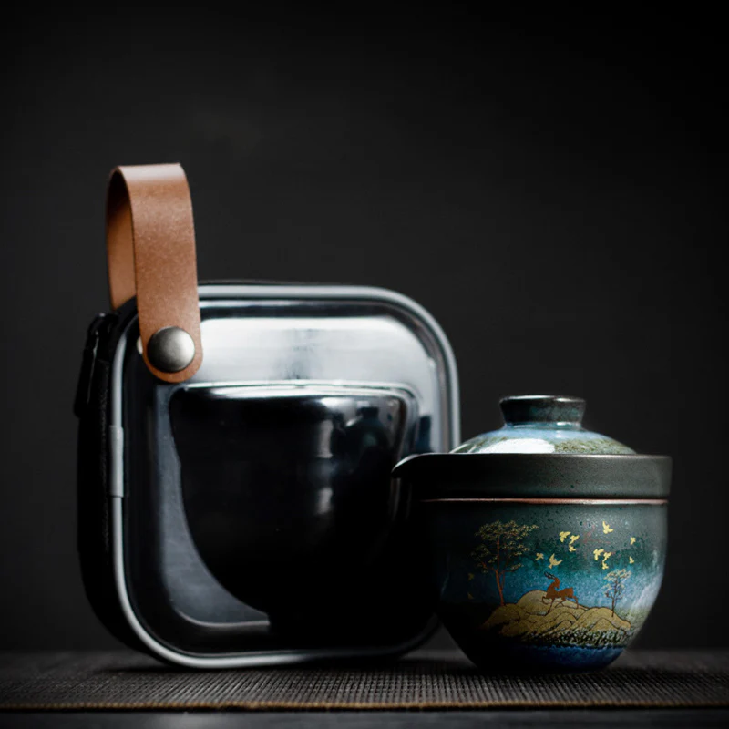 Ceramic Teacup Deer Mountain Trees Lovely Cat Black Tea Cup With Lid and Bag