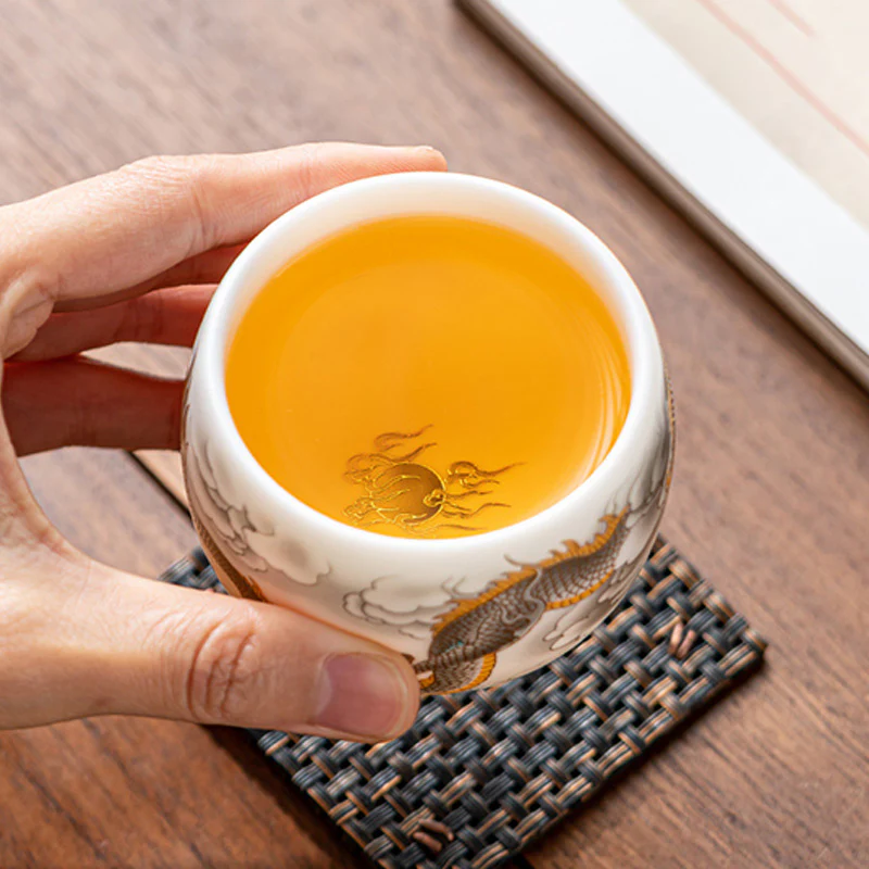 Dragon Phoenix Auspicious Clouds Ceramic Teacup Kung Fu Tea Cup With Gift Box