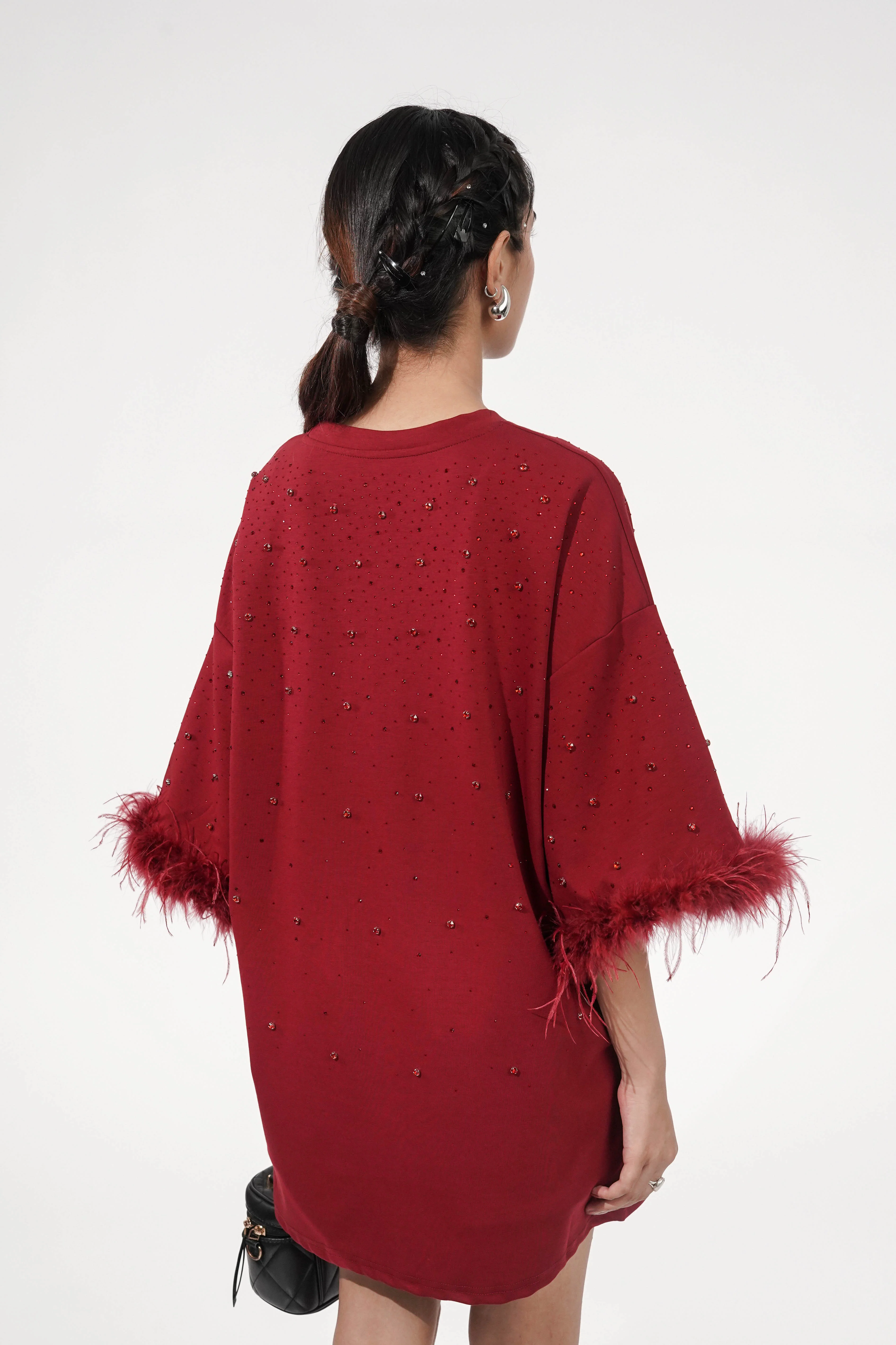 Amy Dark Red Feather Detail T-shirt