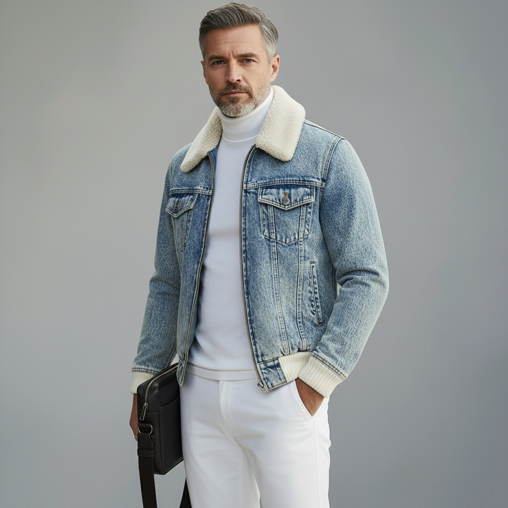 Men's Light Blue Denim Shearling Collar Knit Cuffs Pocket Long Sleeve Zipper Jacket