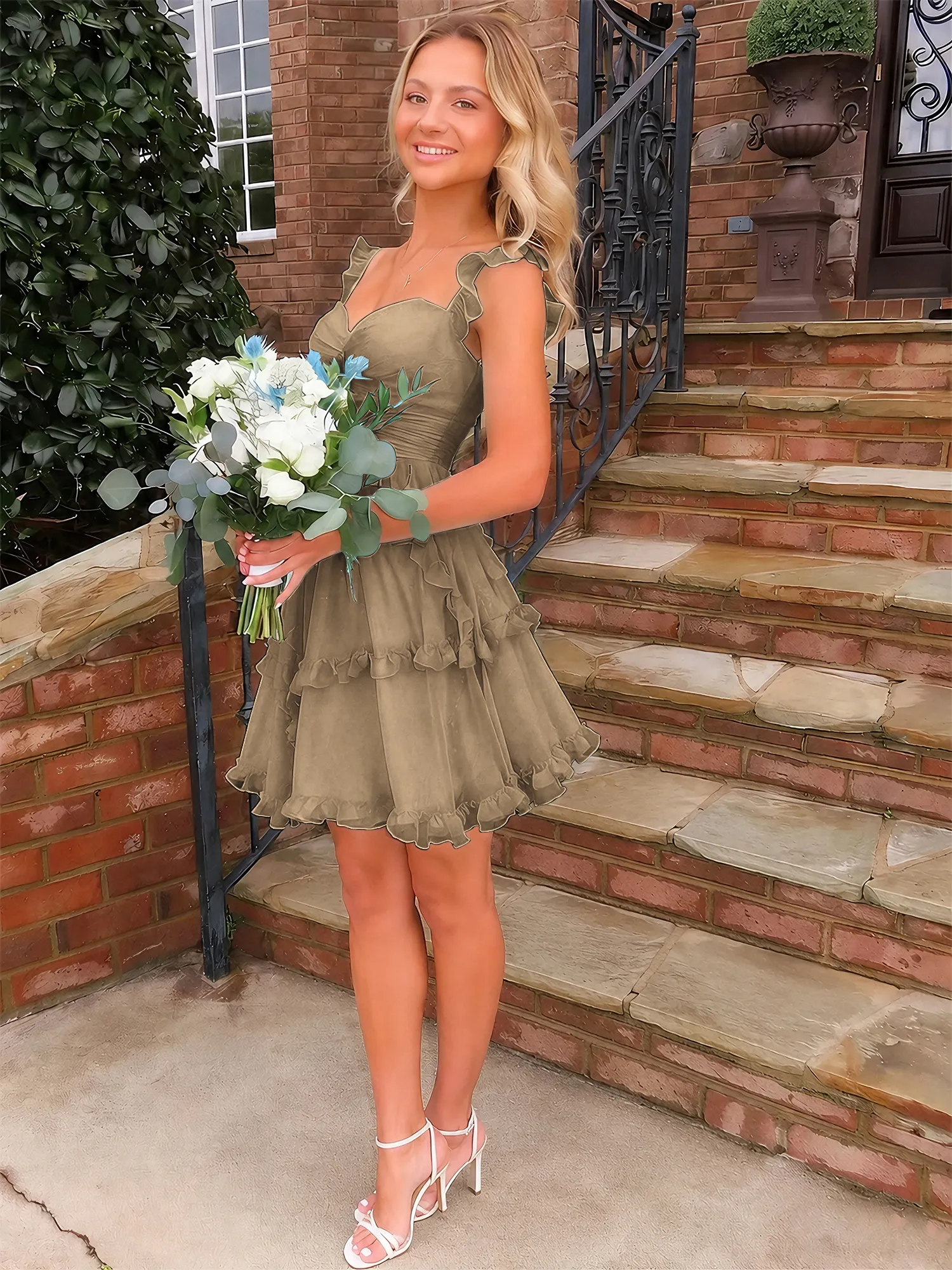 Sweetheart Ruffle Strap Tiered Chiffon Mini Homecoming Dress