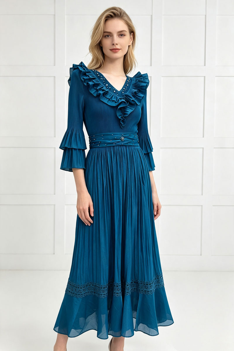 Large yard fold pinched waist hollow dress for women