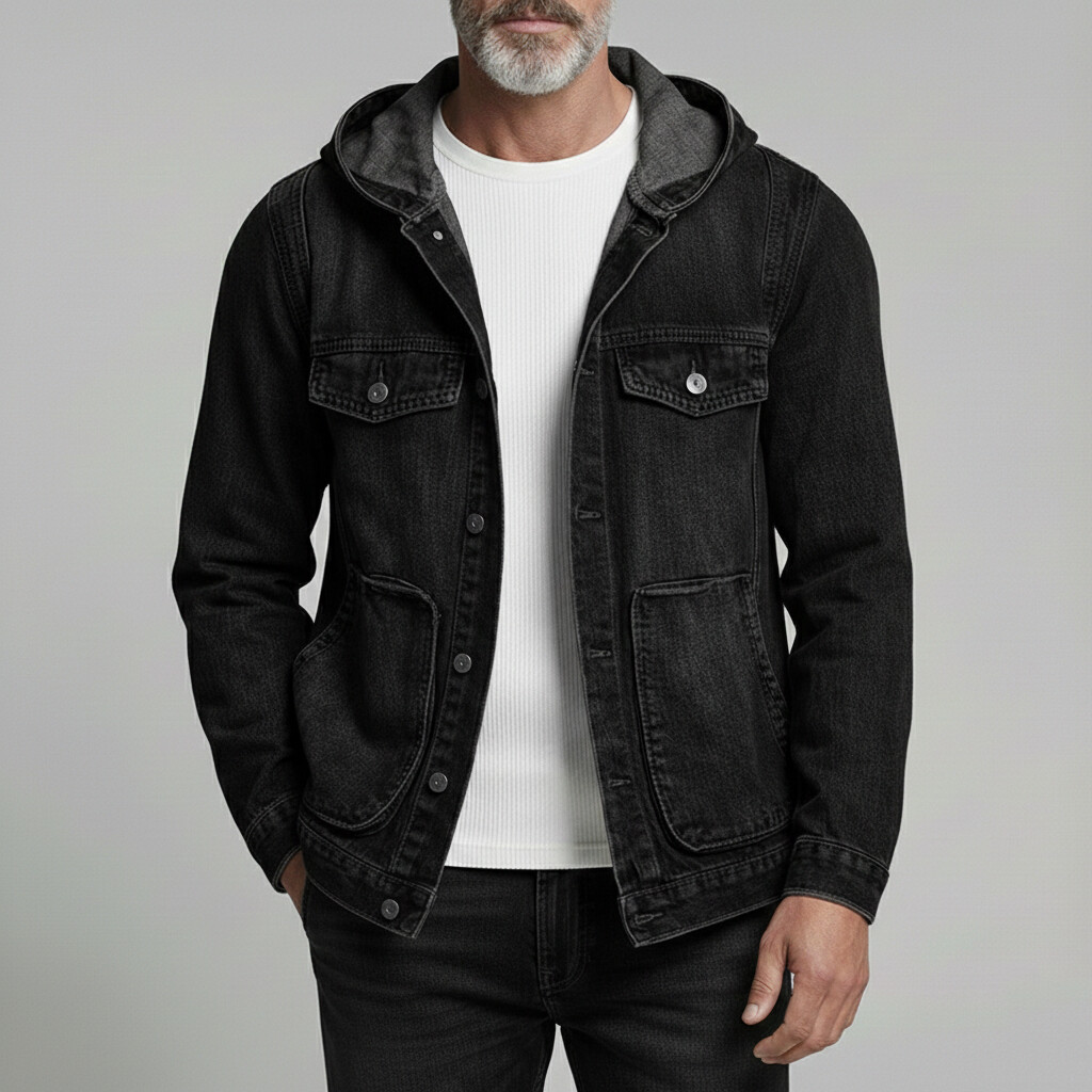 Men's Retro Washed Denim Pockets Hooded Single Breasted Long Sleeve Jacket