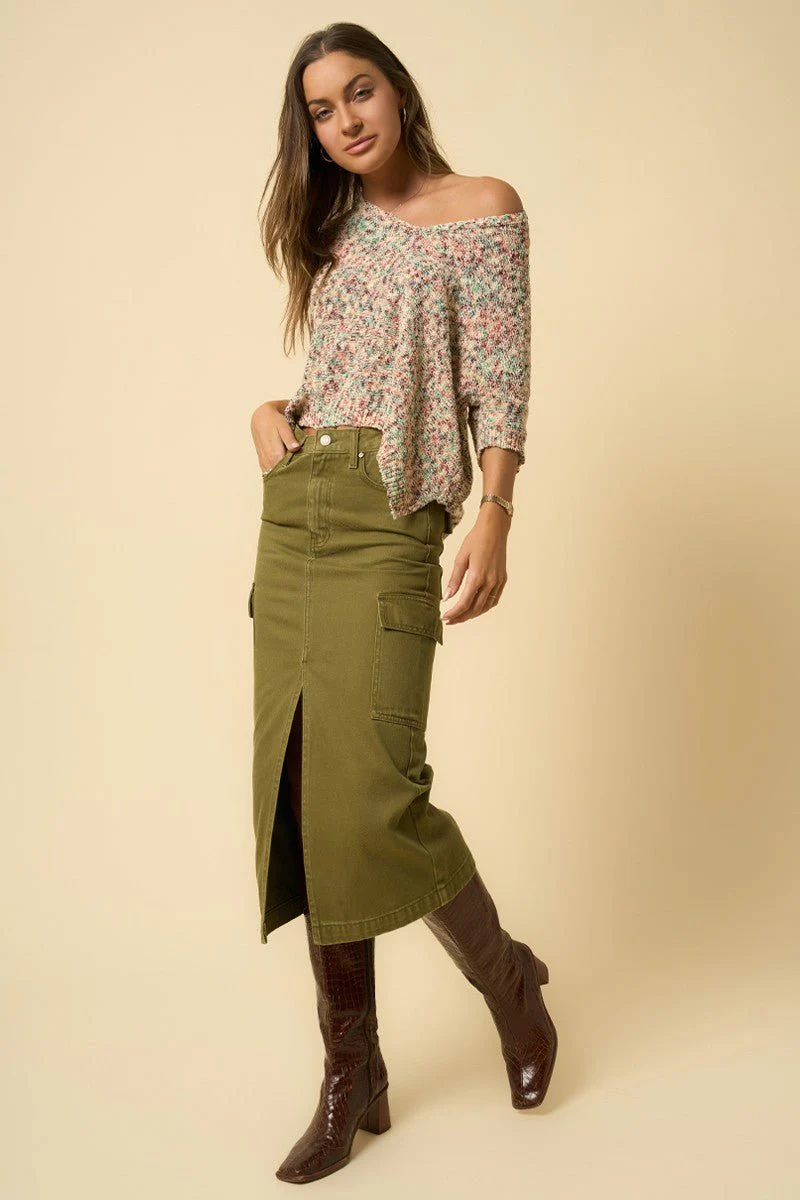 Green Denim Cargo Midi Skirt