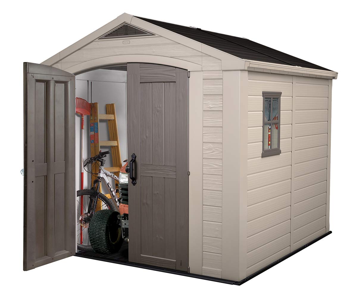 Keter Factor 8x8 Foot Large Resin Outdoor Shed with Floor for Patio Furniture, Lawn Mower, and Bike Storage