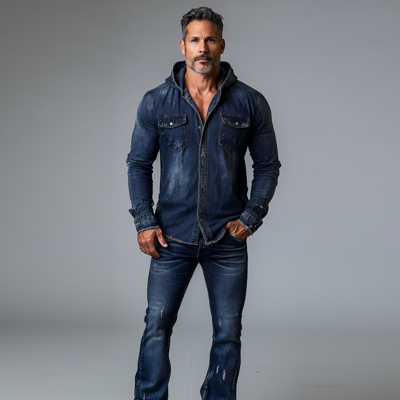 Men's Denim Long Sleeve Button Chest Pocket Hooded Shirt