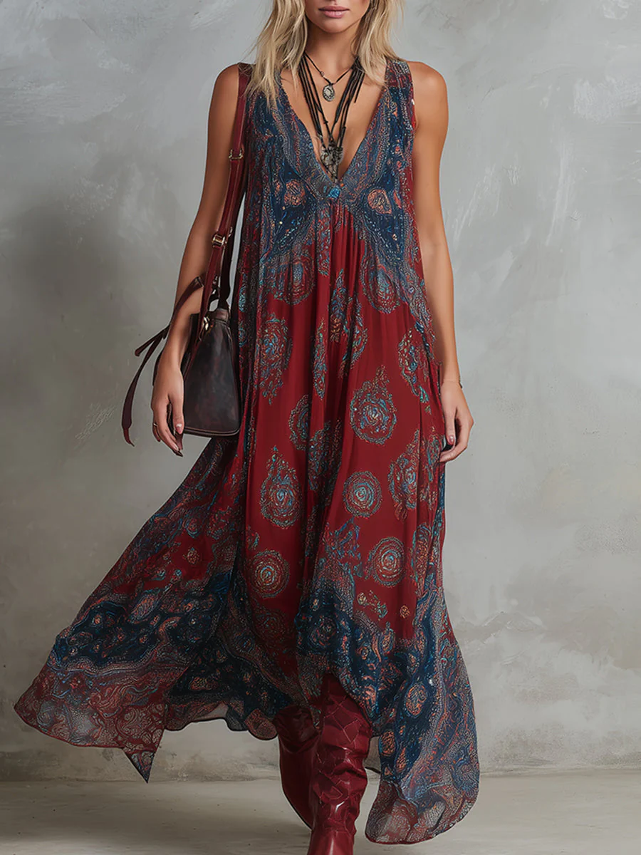 Retro Ethnic Bohemian Print Chiffon Sleeveless Maxi Dress