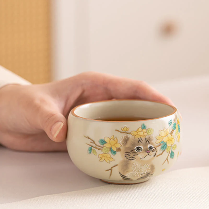 Cute Cat Yellow Flowers Rabbit Teacup Kung Fu Tea Cup