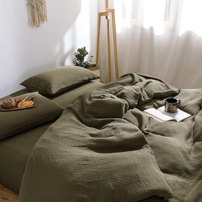 Olive Green Waffle Weave Duvet Cover Set