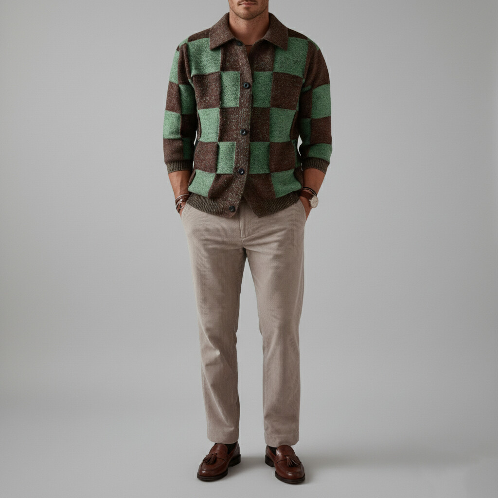 Men's Brown And Green Checkerboard Pattern Turndown Collar Button Long Sleeve Knit Cardigan