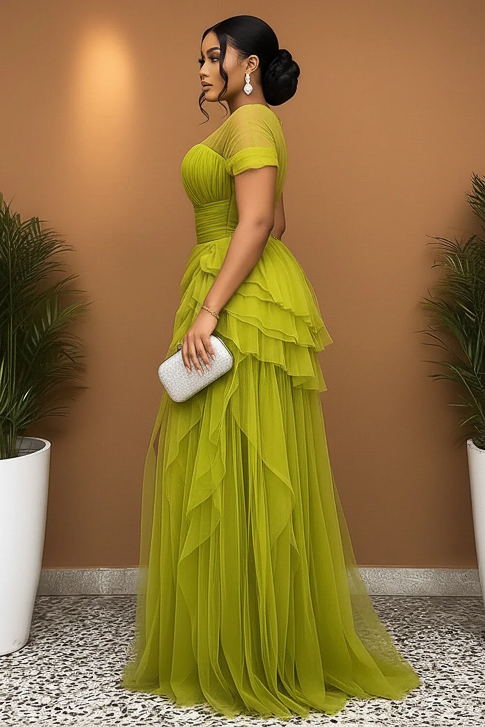 Short Sleeve Cinch Waist High Slit Tulle Gowns Maxi Dresses