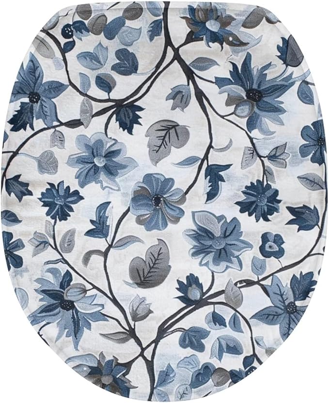 BATHLOOP Blue Flowers Toilet Seat Lid Cover Universal Toilet Lid Dust Cover Elongated Toilet Seat Covers