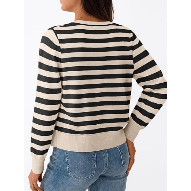 Women Lightweight Striped Knit Cardigan Crew Neck Button‑Down Long Sleeve Cropped Casual Knit Outerwear