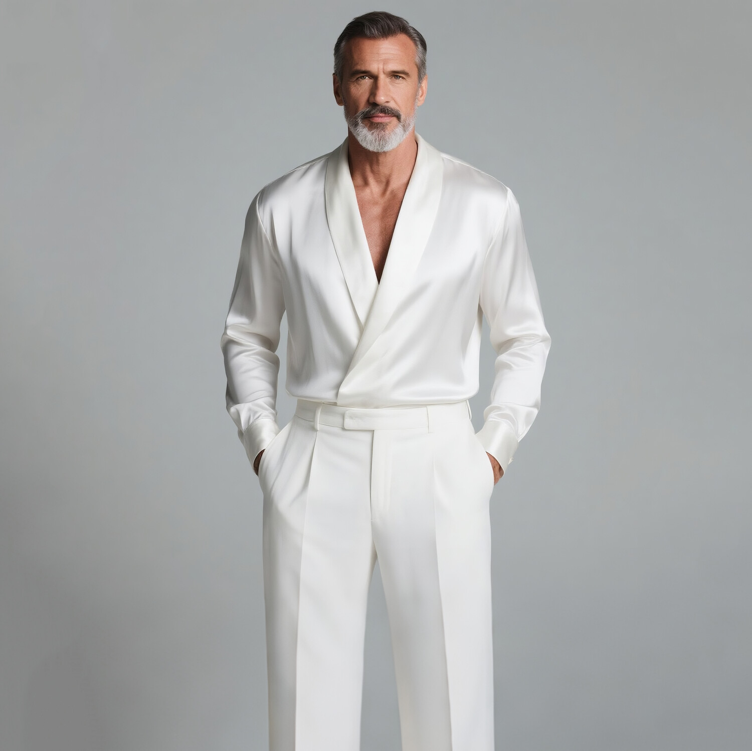 Men's Satin Shawl Lapel Wrap Front Long Sleeve Shirt