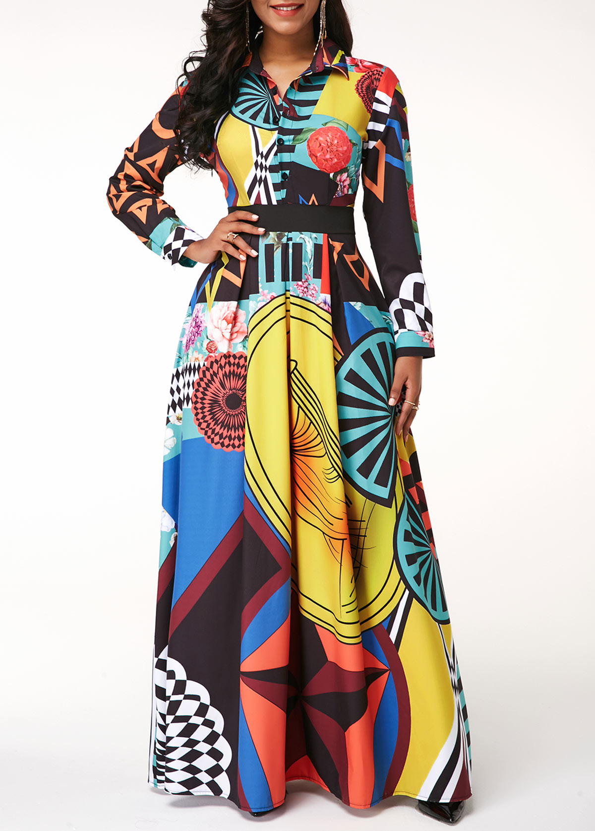 Printed Button Up Long Sleeve Turndown Collar Dress